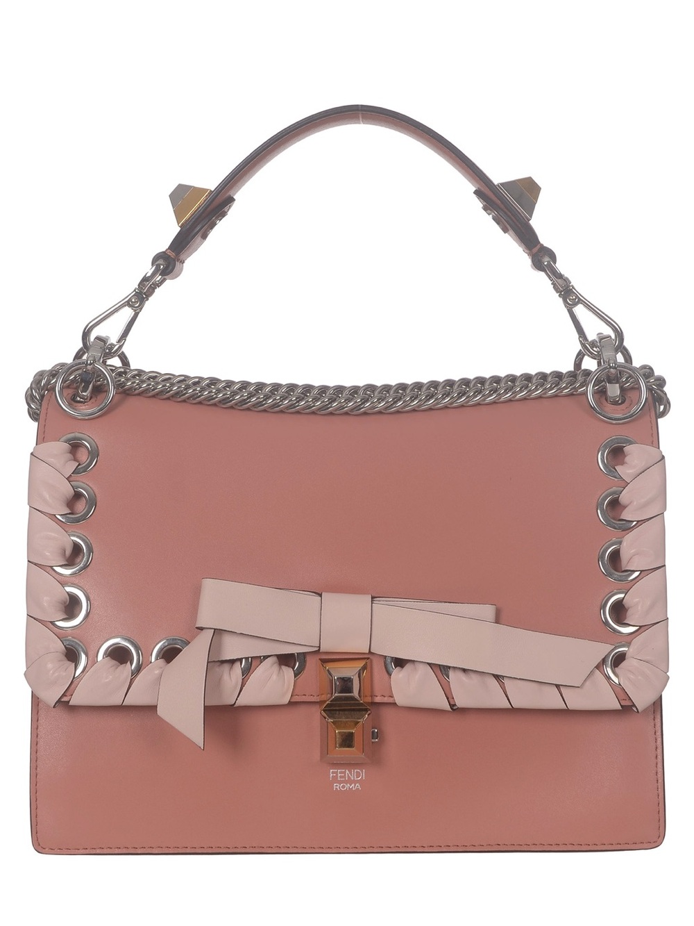 ♥️Fendi Kan I Pink Leather Scalloped Edge Top Handle Satchel with Bow and Chain♥